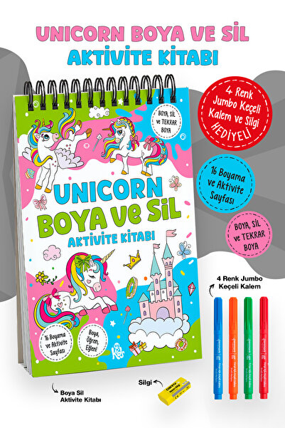 Parodi Yayınları Unicorn Boya ve Sil Aktivite Kitabı | 4 Renk Jumbo Keçeli Ka...