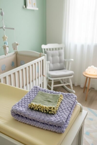 Genel Markalar Mor Alize,Yeşil Müslin 2 Adet Yumuşacık Örgü Bebek Battaniyesi...