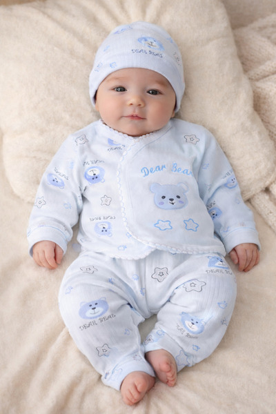 diğer 111 Newborn Baby Girl 3-Piece Set 0–3 Months – Blue Bear Pattern Cotton...
