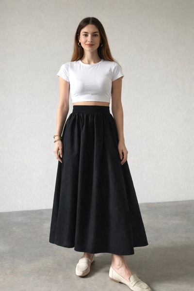 Kahra Collection Black Double Skirt with Elastic Waist and Pockets
