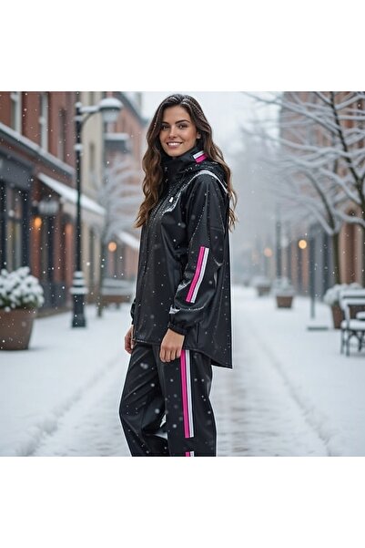 thfabric Kadınlara Özel Pembe Şeritli ve Reflektörlü %100 Su Geçirmez Motorcu...