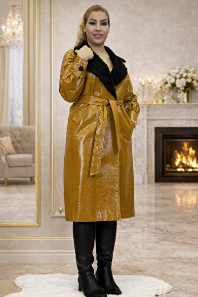 Yeşilmoda Shiny Leather Trench Coat Fur Collar Lining Belt Detail at Waist Si...