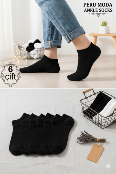 peru moda Unisex Pamuklu Patik Çorap Seti Siyah Günlük Spor
