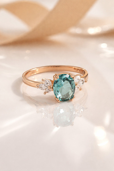 Siset Gümüş 925 Ayar Rose Kaplama Oval Aquamarin Taşlı Sertifikalı Gümüş Yüzük