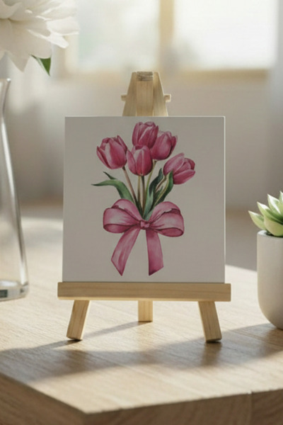 PRİNTOPİA DESİGN Pastel Fiyonklu Lale Temalı Kanvas Tablo 20x20cm Dekoratif D...