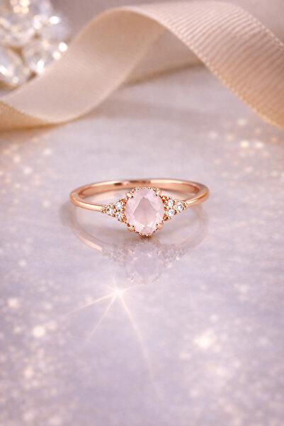 Siset Gümüş 925 Ayar Rose Kaplama Oval Pembe Kuvars Taşlı Gümüş Yüzük