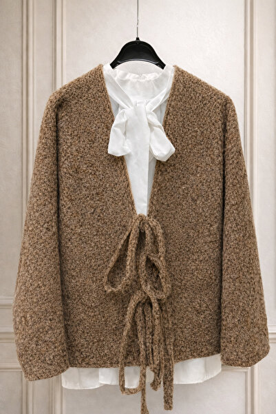 ensade Lined Winter Bat Sleeve Brown Poncho with Lace-Up Detail