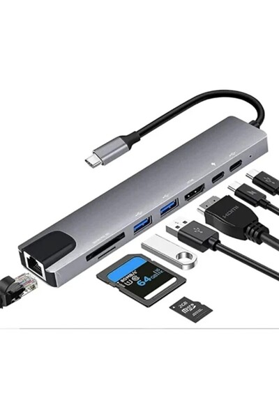 Type-C 8 in 1 Hub Çoklayıcı Adaptör | 4K HDMI, Ethernet RJ45, USB 3.0, 87W PD...