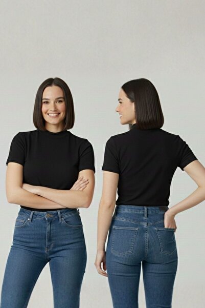 Betimoda Body negru cu mânecă scurtă, cu jumătate de gât, 2 bucăți