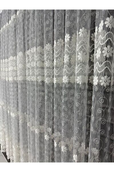 MİR BRODE TÜL PERDE GÜL DESENLİ TÜM ODALARA UYGUN 1/3 SIK PİLELİ