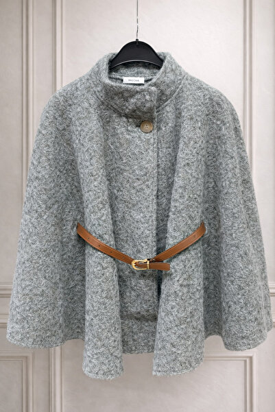 ensade Γκρι κασετένιο πανσό με δερμάτινη ζώνη και ψηλός λαιμός κουμπιά