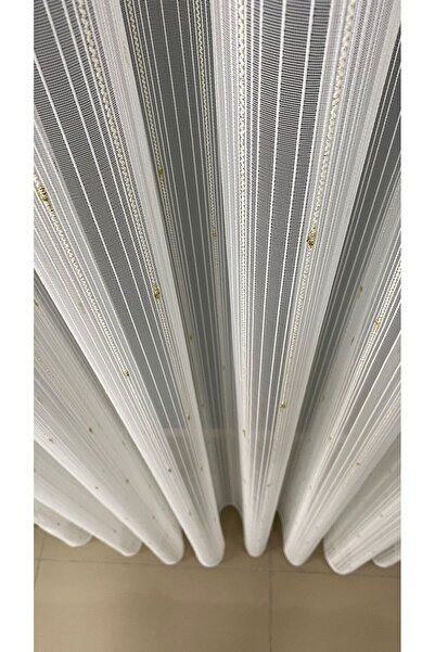 MİR Tulle Curtain Shiny Striped Tulle Gold Glitter Patterned 1/3 Heavyly Plied
