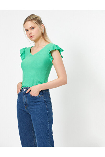 Koton Κοντό μανίκι με λαιμόκοψη σε σχήμα V με λεπτομέρεια με βολάν