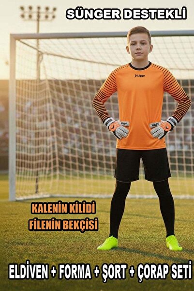 Liggo Çocuk Kaleci Eldiveni Sünger Destekli Çocuk Kaleci Forma Şort Çorap Takımı