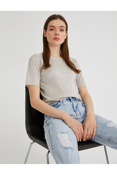 Koton T-Shirt με λαιμόκοψη μεταλλικό κοντό μανίκι