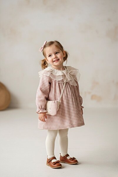 Minigimin Cicileri Princess Collar Tulle Guipure Checkered Dress with Bag 2-P...