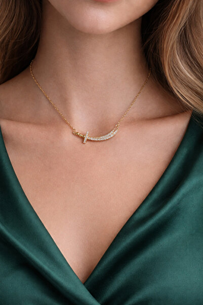 alias takı Zirkon taşlı Zülfikar kılıç figürlü Çelik kadın gold kolye 1