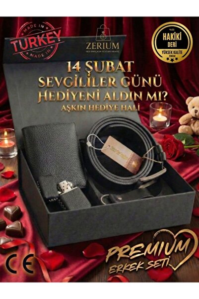 ZERİUM Genuine Leather Men's Gift Set - Wallet Belt Lighter Keychain (Prestig...