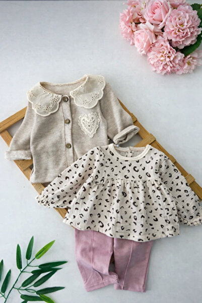3pcs Baby Set Lace Collar Knitwear Cardigan, Leopard Printed Muslin Top and Pants