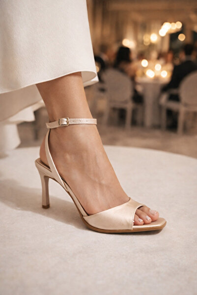 guijarro Women's Thin Gold Satin Heeled Sandals - Skin Leather Ankle-Strap St...