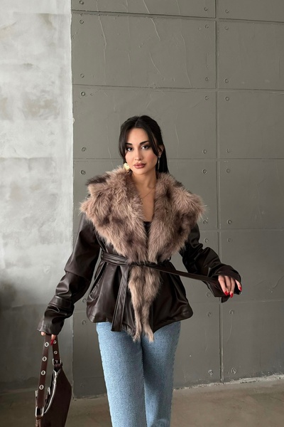 GM Butikk Nou sezon Palton din piele pentru femei Palton cu guler de blană Pa...