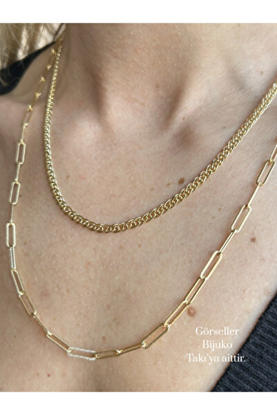 BİJUKO TAKI Stilinizi Parlatın Altın Renk İkili Kolye Seti, 50 cm Cuban (Gurm...