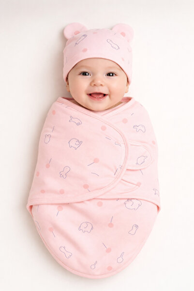 moukou 0-4 Months Baby 100% Cotton Swaddle and Hat Velcro Fastener Soft Combe...