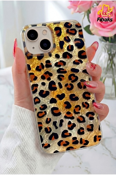 Fibaks حافظة آيفون 13/14/15 بنمط الفهد البني الهولوغرامي، مصنوعة من السيليكون...