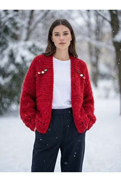 Tanem Çarşı El Örgüsü Payetli Kadın Kırmızı Hırka – Oversize Salaş Kalıp, Yum...