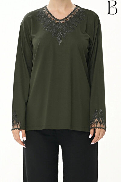 BURSPA Λεπτομέρεια από τούλι με γιακά και μανίκια, κεντημένη με πέτρα, χακί μ...