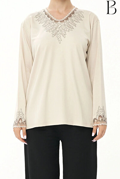 BURSPA Yaka Ve Kol Ucu Tül Detaylı Taş Işlemeli Krem Anne Penye Bluz