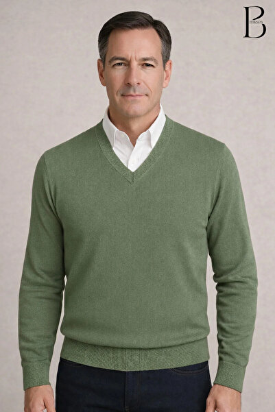 BURSPA Pulover de iarnă cu decolteu în V, din lână, kaki