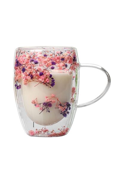 Choice كوب قهوة زجاجي مزدوج الجدران مزين بالزهور المجففة، سعة 350 مل، لون بنف...