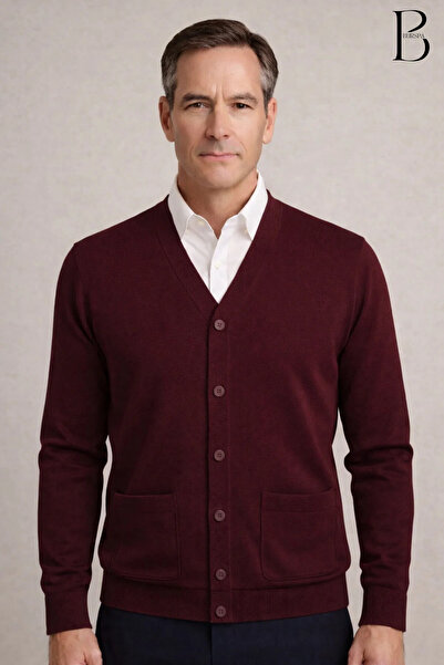 BURSPA Kışlık Cepli Düz Ince Yün Bordo Baba Ceket