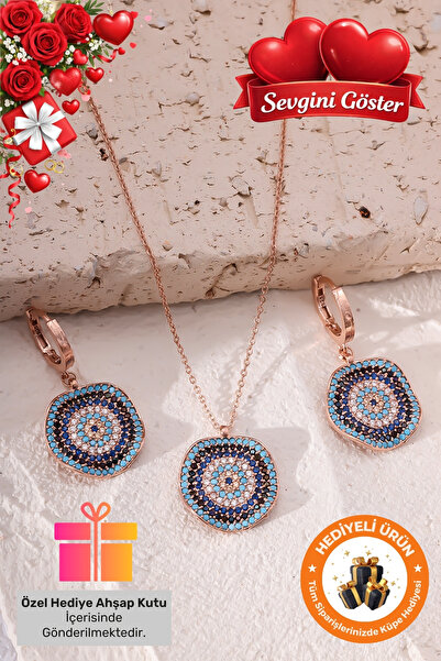 Lucente Jewellery Hediye Kutulu Nazar Kolye & Küpe Seti 925 Ayar Gümüş Kaplam...