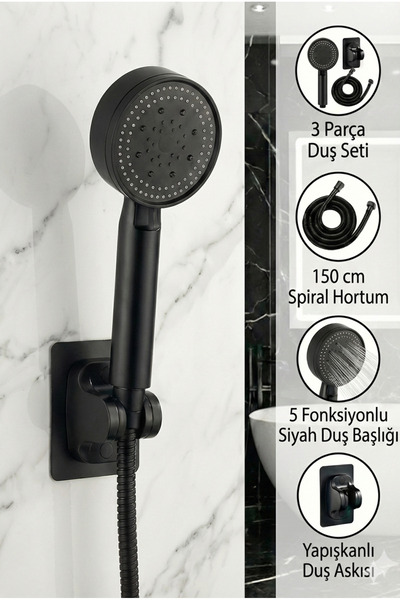 Plodna House Siyah Duş Seti Lüks 5 Fonksiyonlu Ayarlanabilir Dayanıklı Banyo ...