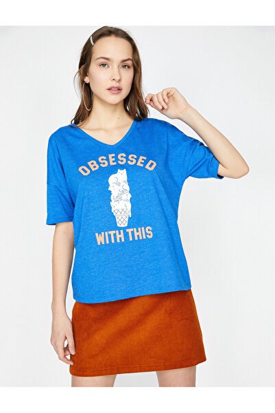 Koton Γυναικείο μπλουζάκι με κοντομάνικο μπλε λαιμόκοψη 9YAL18660IK