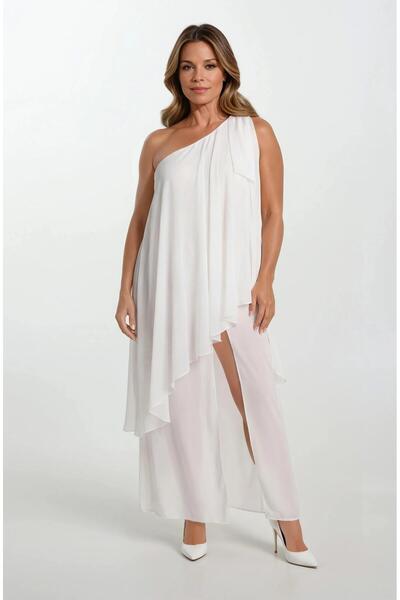 Spazio Gilbertina Tek Kol Önü Yırtmaçlı Şal Detaylı Abiye Uzun Elbise EKRU