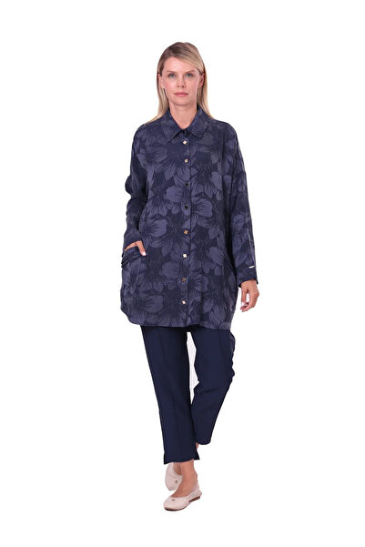 Invee Çiçek Desenli Lyocell Gömlek - Lacivert