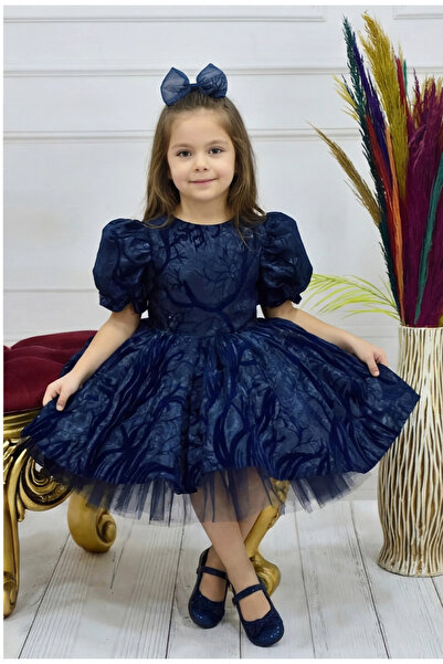 ELLUSSİ Kız Çocuk Lacivert Parıltılı Dalgalı Kloş Balon Kol Kabarık Elbise
