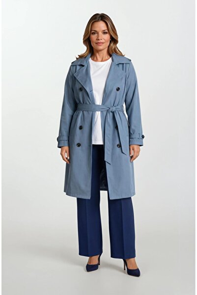 Spazio Pallaske Kruvaze Yaka Kuşaklı Cepli Trençkot İNDİGO