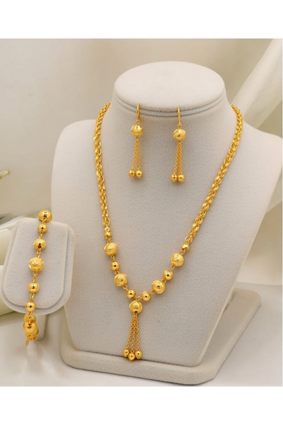 Jadem Gold Altın Kaplamalı 3 adet Zarif Püskül Kolye ve Küpe Bileklik Seti