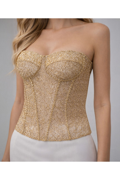 JAVERA , Straplez Gold Transparan Korse Bluz