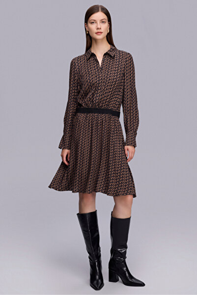 Naramaxx Beli Lastik Detaylı Diz Boy Desenli Elbise