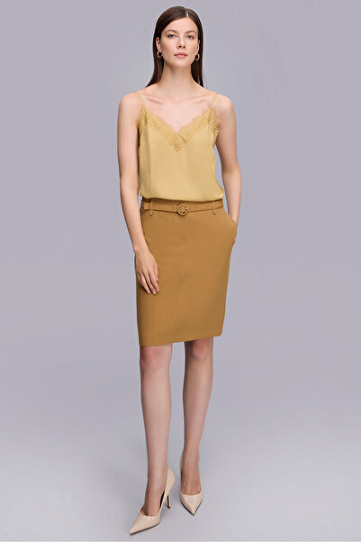 Naramaxx Beli Kemerli Diz Boy Yeşil Etek