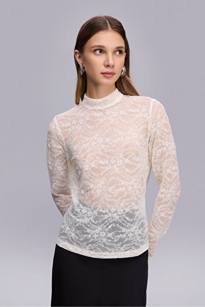 Naramaxx Dik Yaka Krem Dantel Bluz