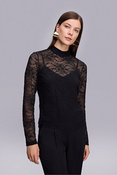 Naramaxx Dik Yaka Siyah Dantel Bluz