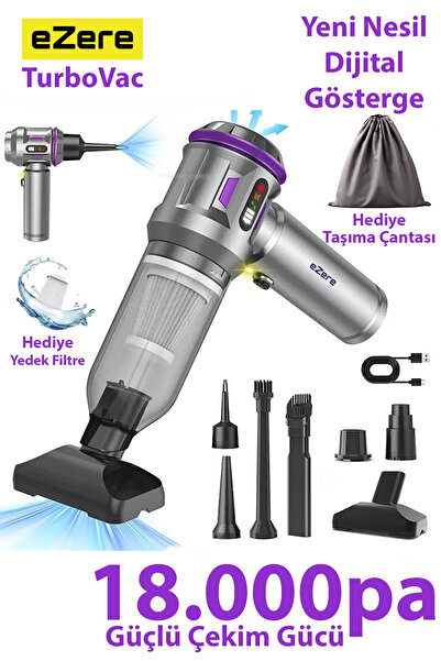EZERE TurboVac 18000pa Güçlü Dijital Göstergeli Vakumlu Kablosuz Üflemeli Min...