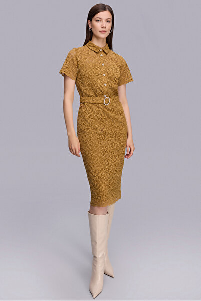 Naramaxx Taşlı Düğmeli Midi Boy Dantel Elbise