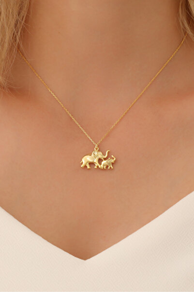 Nox Jewelry 14 Ayar Altın Kaplama Gümüş Anne ve Yavru Fil Kolye – Koruyucu, Ş...